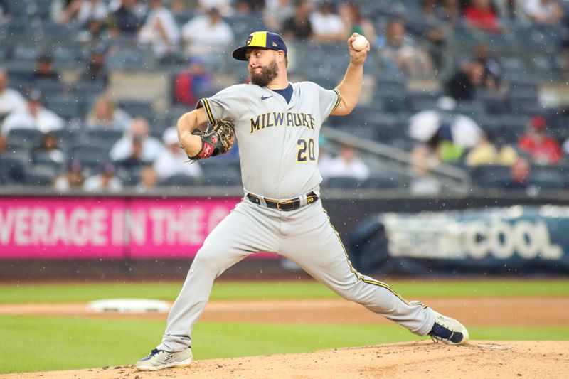 Sep 9, 2023; Bronx, New York, USA;  Milwaukee Brewers starting pitcher Wade Miley (20) pitches in the first inning against the New York Yankees at Yankee Stadium. Mandatory Credit: Wendell Cruz-USA TODAY Sports