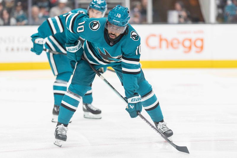 Jan 2, 2024; San Jose, California, USA; San Jose Sharks left wing Anthony Duclair (10) during the first period against the Detroit Red Wings at SAP Center at San Jose. Mandatory Credit: Stan Szeto-USA TODAY Sports