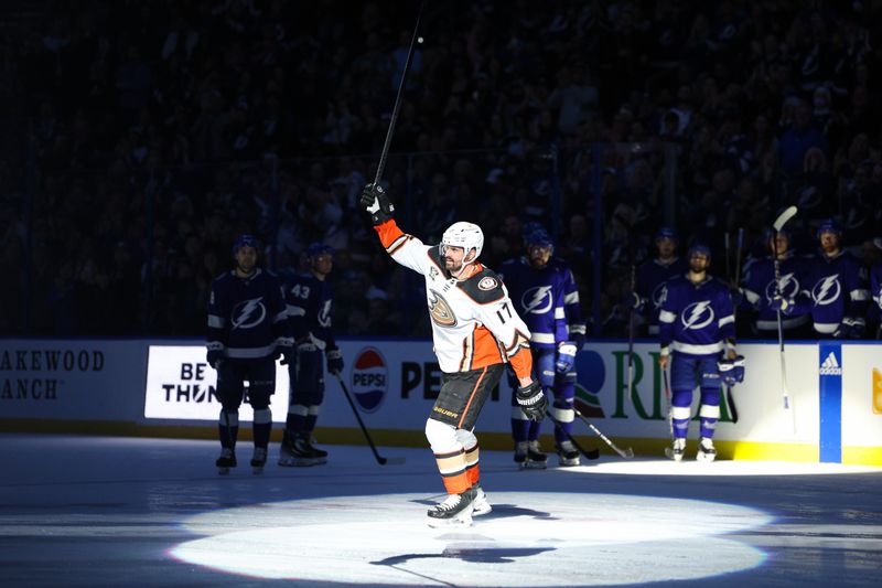 Jan 13, 2024; Tampa, Florida, USA;  former Tampa Bay Lightning Anaheim Ducks left wing Alex Killorn (17) is honored during a break in play in the first period  at Amalie Arena. Mandatory Credit: Nathan Ray Seebeck-USA TODAY Sports