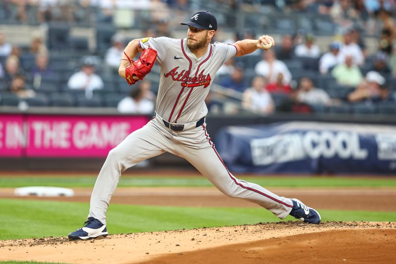 Jun 21, 2024; Bronx, New York, USA; Atlanta Braves starting pitcher Chris Sale (51) pitches in the first inning against the New York Yankees at Yankee Stadium. Mandatory Credit: Wendell Cruz-USA TODAY Sports