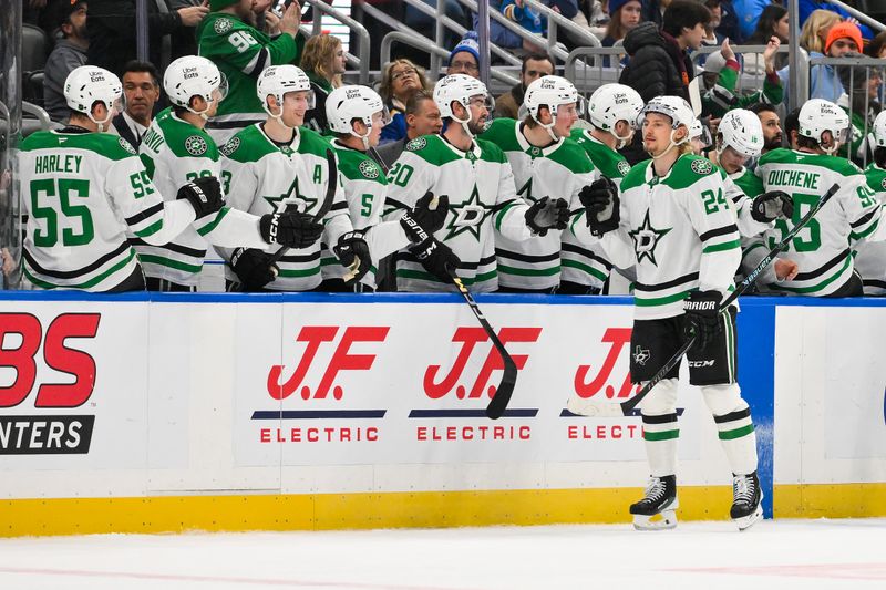 Jan 27, 2026; St. Louis, Missouri, USA; Dallas Stars center Roope Hintz (24) is congratulated by teammates after scoring against the St. Louis Blues during the second period at Enterprise Center. Mandatory Credit: Jeff Curry-Imagn Images