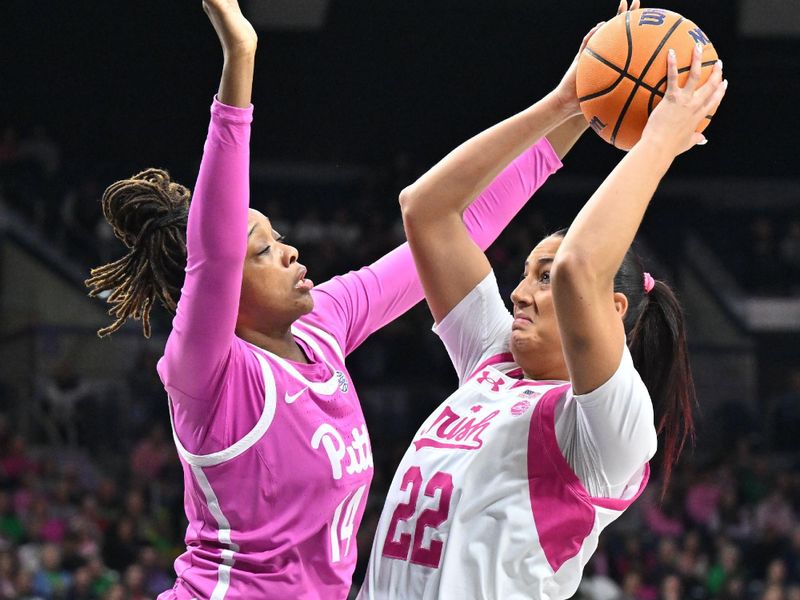 Feb 4, 2024; South Bend, Indiana, USA; Notre Dame Fighting Irish forward Kylee Watson (22) looks to shoot as Pittsburgh Panthers forward Jala Jordan (14) defends in the second half at the Purcell Pavilion. Mandatory Credit: Matt Cashore-USA TODAY Sports