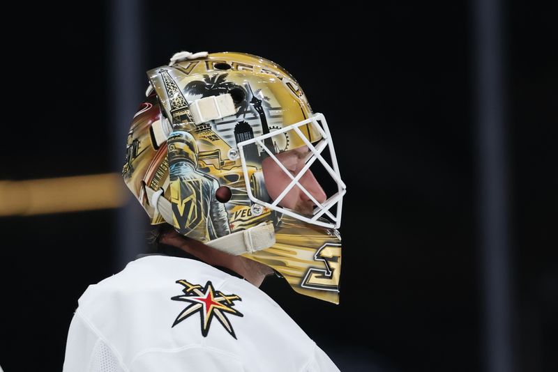 Nov 15, 2024; Salt Lake City, Utah, USA; A view of the mast worn by Vegas Golden Knights goaltender Adin Hill (33) reacts against the Utah Hockey Club during the second period at Delta Center. Mandatory Credit: Rob Gray-Imagn Images