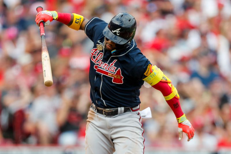 Jun 24, 2023; Cincinnati, Ohio, USA; Atlanta Braves right fielder Ronald Acuna Jr. (13) reacts after hitting a pop up in the second inning against the Cincinnati Reds at Great American Ball Park. Mandatory Credit: Katie Stratman-USA TODAY Sports