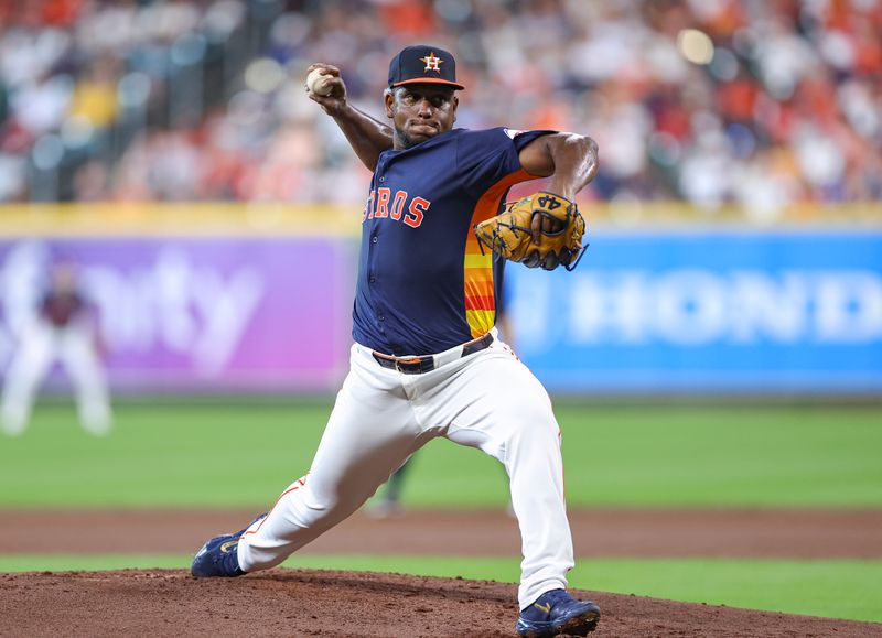 Jul 14, 2024; Houston, Texas, USA; Houston Astros starting pitcher Ronel Blanco (56) delivers a pitch during the second inning against the Texas Rangers at Minute Maid Park. Mandatory Credit: Troy Taormina-USA TODAY Sports