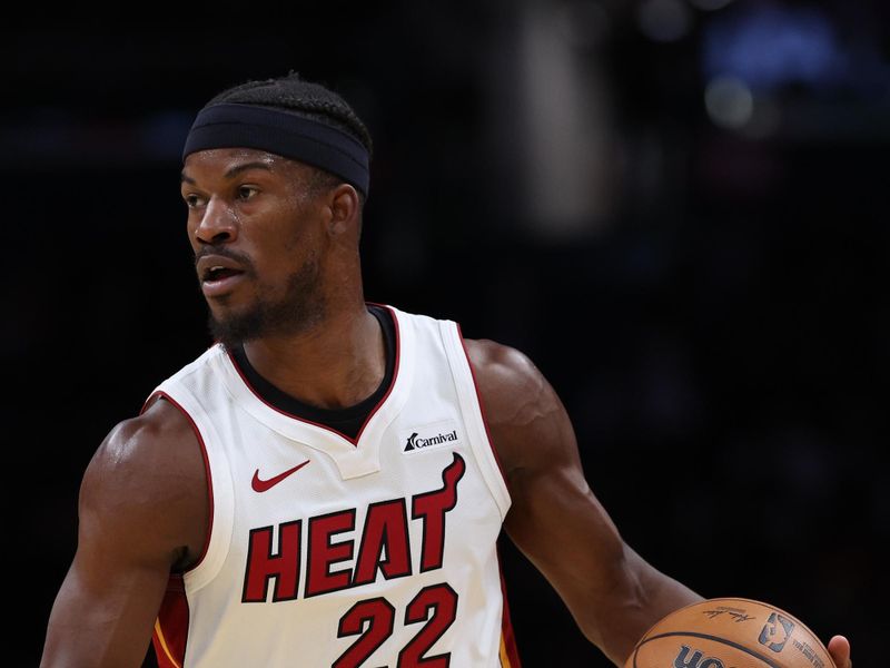 WASHINGTON, DC - FEBRUARY 02: Jimmy Butler #22 of the Miami Heat dribbles the ball against the Washington Wizards at Capital One Arena on February 2, 2024 in Washington, DC. NOTE TO USER: User expressly acknowledges and agrees that, by downloading and or using this photograph, User is consenting to the terms and conditions of the Getty Images License Agreement. (Photo by Patrick Smith/Getty Images)