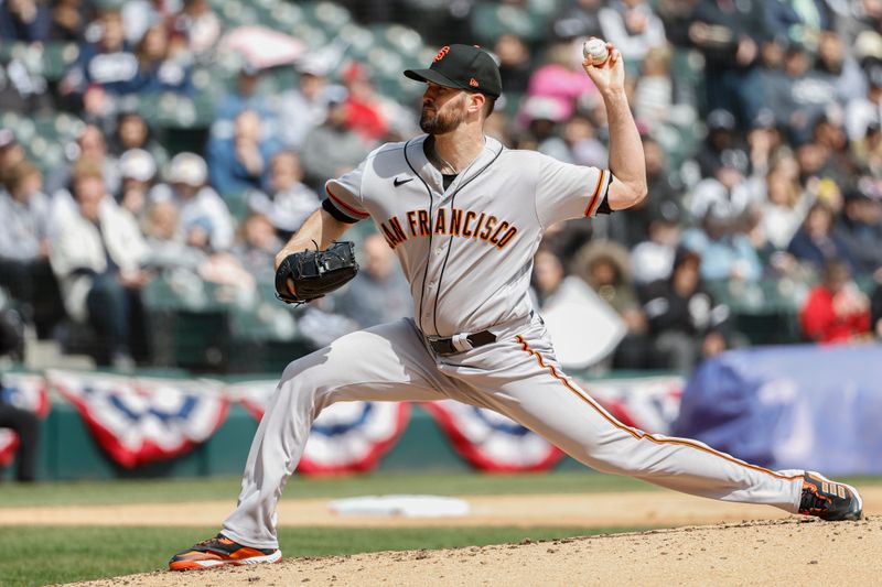 Apr 6, 2023; Chicago, Illinois, USA; San Francisco Giants starting pitcher Alex Wood (57) delivers against the Chicago White Sox during the first inning at Guaranteed Rate Field. Mandatory Credit: Kamil Krzaczynski-USA TODAY Sports