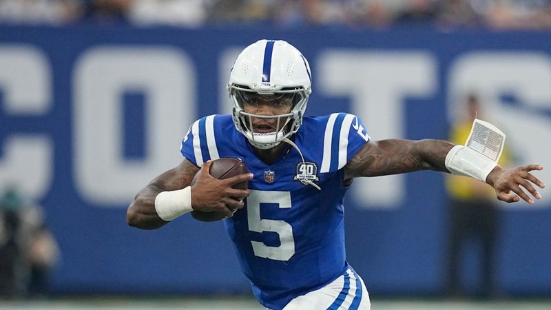 Indianapolis Colts quarterback Anthony Richardson (5) runs during the first half of an NFL football game against the Jacksonville Jaguars, Sunday, Sept. 10, 2023, in Indianapolis. (AP Photo/Darron Cummings)