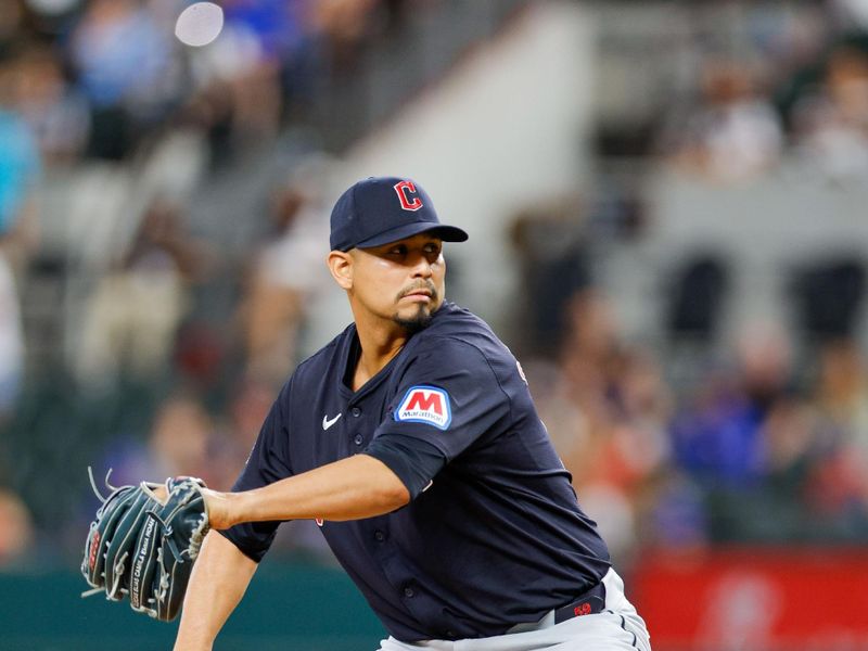 May 15, 2024; Arlington, Texas, USA; Cleveland Guardians pitcher Carlos Carrasco (59) throws during the first inning against the Texas Rangers at Globe Life Field. Mandatory Credit: Andrew Dieb-USA TODAY Sports