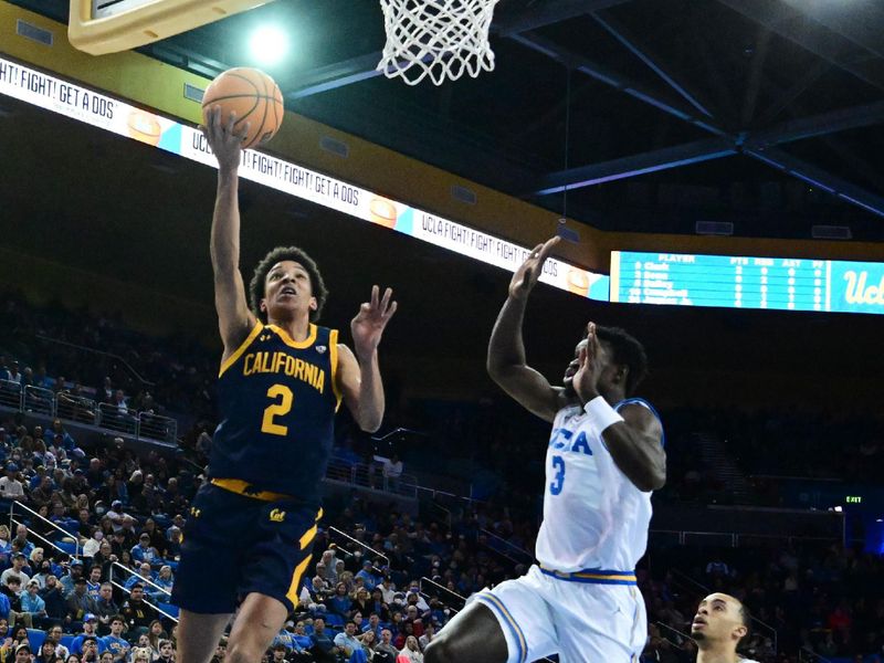 Feb 18, 2023; Los Angeles, California, USA;  California Golden Bears forward Monty Bowser (2) shoots against UCLA Bruins forward Adem Bona (3) in a college basketball game at Pauley Pavilion presented by Wescom. Mandatory Credit: Richard Mackson-USA TODAY Sports