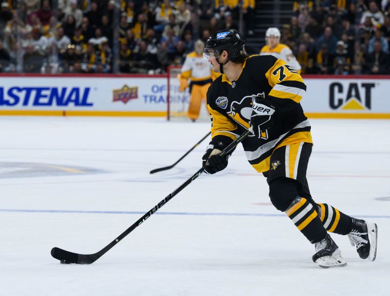 Nov 16, 2025; Stockholm, SWEDEN; Pittsburgh Penguins defenseman Connor Clifton (75) in action against the Nashville Predators in a Global Series ice hockey game at Avicii Arena. Mandatory Credit: Per Haljestam-Imagn Images