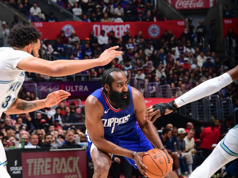 LOS ANGELES, CA - FEBRUARY 12:  James Harden #1 of the LA Clippers handles the ball during the game  on February 12, 2024 at Crypto.Com Arena in Los Angeles, California. NOTE TO USER: User expressly acknowledges and agrees that, by downloading and/or using this Photograph, user is consenting to the terms and conditions of the Getty Images License Agreement. Mandatory Copyright Notice: Copyright 2024 NBAE (Photo by Adam Pantozzi/NBAE via Getty Images)