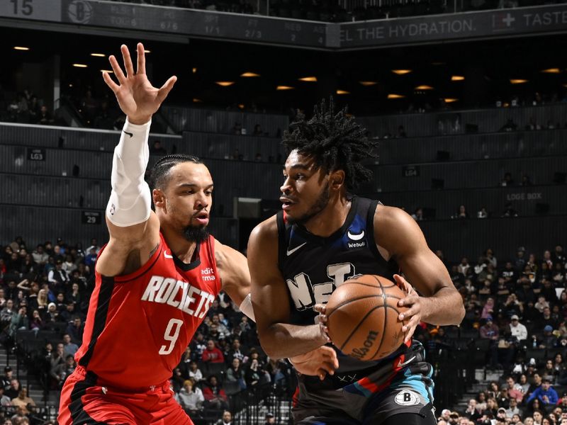 BROOKLYN, NY - JANUARY 27: Cam Thomas #24 of the Brooklyn Nets drives to the basket during the game against the Houston Rockets on January 27, 2024 at Barclays Center in Brooklyn, New York. NOTE TO USER: User expressly acknowledges and agrees that, by downloading and or using this Photograph, user is consenting to the terms and conditions of the Getty Images License Agreement. Mandatory Copyright Notice: Copyright 2024 NBAE (Photo by David Dow/NBAE via Getty Images)