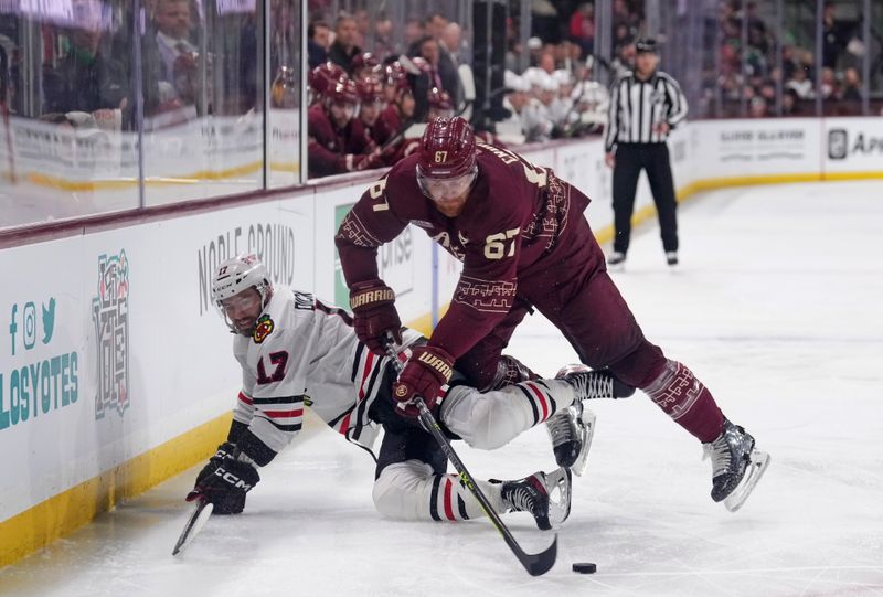 Mar 18, 2023; Tempe, Arizona, USA; Arizona Coyotes left wing Lawson Crouse (67) checks Chicago Blackhawks center Jason Dickinson (17) during the third period at Mullett Arena. Mandatory Credit: Joe Camporeale-USA TODAY Sports