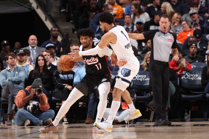 MEMPHIS, TN - NOVEMBER 25: Shaedon Sharpe #17 of the Portland Trail Blazers dribbles the ball during the game against the Memphis Grizzlies on November 25, 2024 at FedExForum in Memphis, Tennessee. NOTE TO USER: User expressly acknowledges and agrees that, by downloading and or using this photograph, User is consenting to the terms and conditions of the Getty Images License Agreement. Mandatory Copyright Notice: Copyright 2024 NBAE (Photo by Joe Murphy/NBAE via Getty Images)