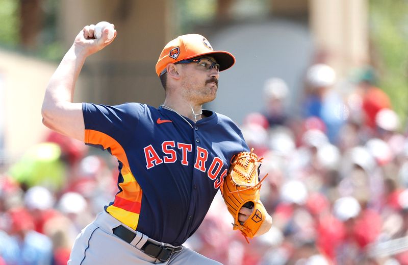 Mar 21, 2024; Jupiter, Florida, USA; Houston Astros starting pitcher J.P. France (68) pitches against the St. Louis Cardinals in the first inning at Roger Dean Chevrolet Stadium. Mandatory Credit: Rhona Wise-USA TODAY Sports