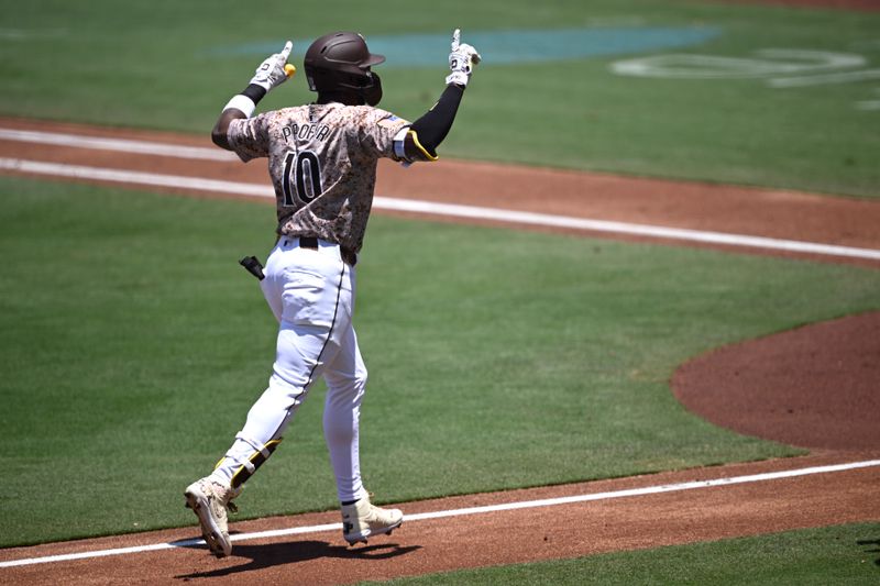 Jul 7, 2024; San Diego, California, USA; San Diego Padres left fielder Jurickson Profar (10) rounds the bases after hitting a home run against the Arizona Diamondbacks during the first inning at Petco Park. Mandatory Credit: Orlando Ramirez-USA TODAY Sports