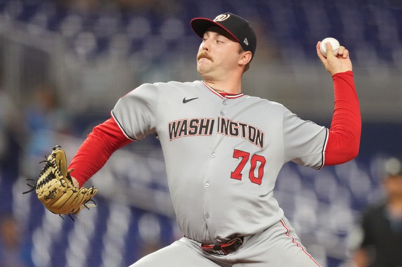 Sep 9, 2025; Miami, Florida, USA;  Washington Nationals starting pitcher Mitchell Parker (70) pitches against the Miami Marlins in the first inning at loanDepot Park. Mandatory Credit: Jim Rassol-Imagn Images