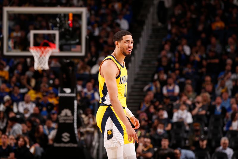 SAN FRANCISCO, CA - MARCH 22: Tyrese Haliburton #0 of the Indiana Pacers looks on during the game against the Golden State Warriors on March 22, 2024 at Chase Center in San Francisco, California. NOTE TO USER: User expressly acknowledges and agrees that, by downloading and or using this photograph, user is consenting to the terms and conditions of Getty Images License Agreement. Mandatory Copyright Notice: Copyright 2024 NBAE (Photo by Jed Jacobsohn/NBAE via Getty Images)