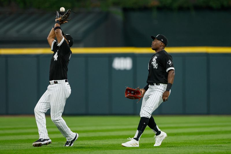 Aug 9, 2023; Chicago, Illinois, USA; Chicago White Sox shortstop Elvis Andrus (1) catches the fly ball of New York Yankees left fielder Billy McKinney during the fourth inning at Guaranteed Rate Field. Mandatory Credit: Kamil Krzaczynski-USA TODAY Sports