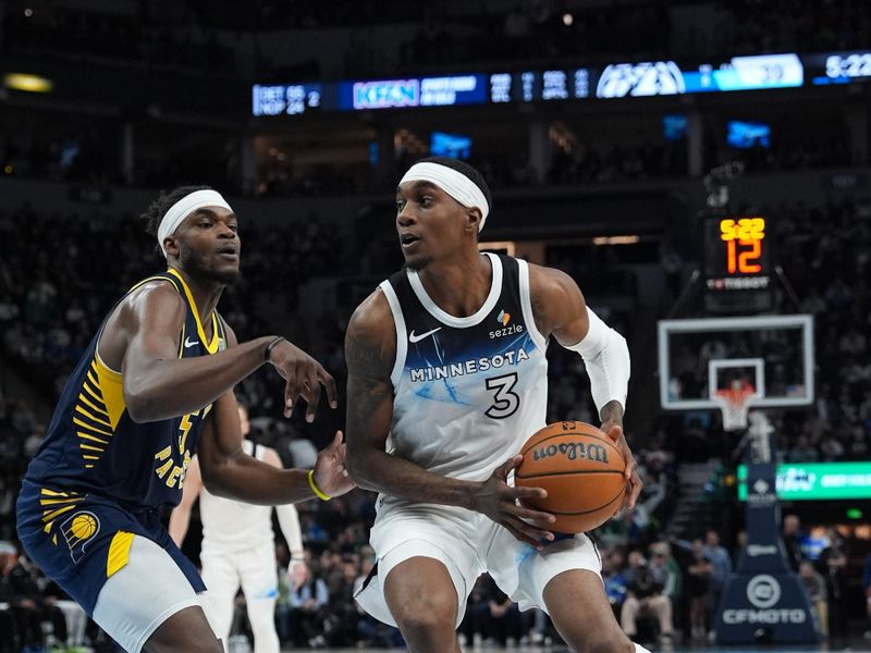 MINNEAPOLIS, MN -  MARCH 17: Jaden McDaniels #3 of the Minnesota Timberwolves drives to the basket during the game against the Indiana Pacers on March 17, 2025 at Target Center in Minneapolis, Minnesota. NOTE TO USER: User expressly acknowledges and agrees that, by downloading and or using this Photograph, user is consenting to the terms and conditions of the Getty Images License Agreement. Mandatory Copyright Notice: Copyright 2025 NBAE (Photo by Jordan Johnson/NBAE via Getty Images)