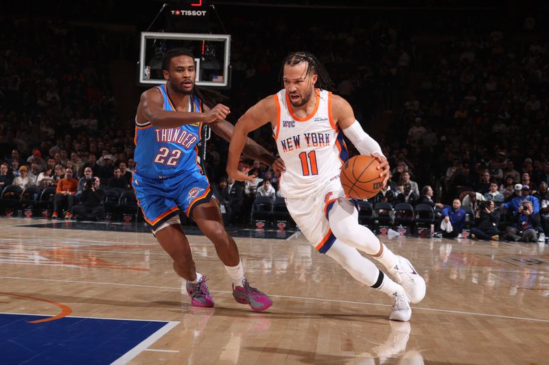 NEW YORK, NY - JANUARY 10:  Jalen Brunson #11 of the New York Knicks dribbles the ball during the game against the Oklahoma City Thunder  on January 10, 2025 at Madison Square Garden in New York City, New York.  NOTE TO USER: User expressly acknowledges and agrees that, by downloading and or using this photograph, User is consenting to the terms and conditions of the Getty Images License Agreement. Mandatory Copyright Notice: Copyright 2024 NBAE  (Photo by Nathaniel S. Butler/NBAE via Getty Images)