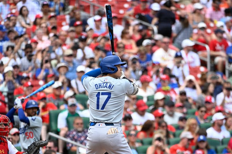 Aug 18, 2024; St. Louis, Missouri, USA; Los Angeles Dodgers designated hitter Shohei Ohtani (17) at bat against the St. Louis Cardinals in the second inning at Busch Stadium. Mandatory Credit: Joe Puetz-USA TODAY Sports