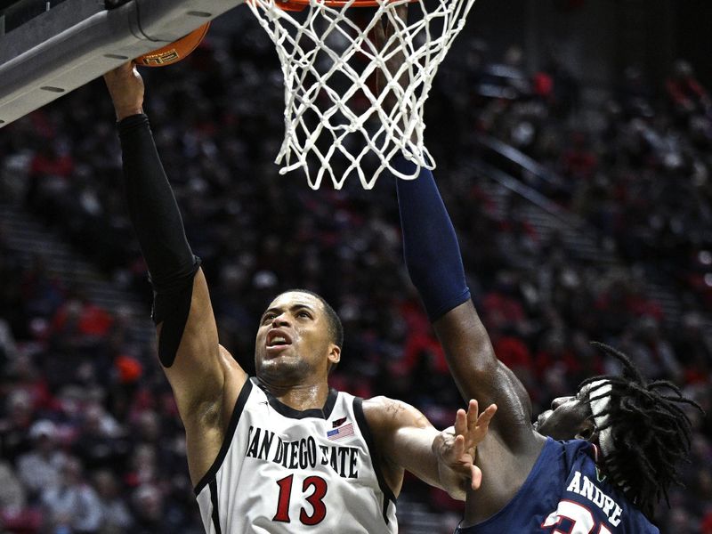 Jan 3, 2024; San Diego, California, USA; San Diego State Aztecs forward Jaedon LeDee (13) goes to the basket past Fresno State Bulldogs center Eduardo Andre (35) during the first half at Viejas Arena. Mandatory Credit: Orlando Ramirez-USA TODAY Sports 