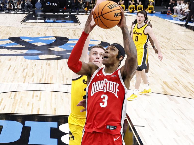 Mar 9, 2023; Chicago, IL, USA; Ohio State Buckeyes guard Eugene Brown III (3) goes to the basket against the Iowa Hawkeyes during the second half at United Center. Mandatory Credit: Kamil Krzaczynski-USA TODAY Sports