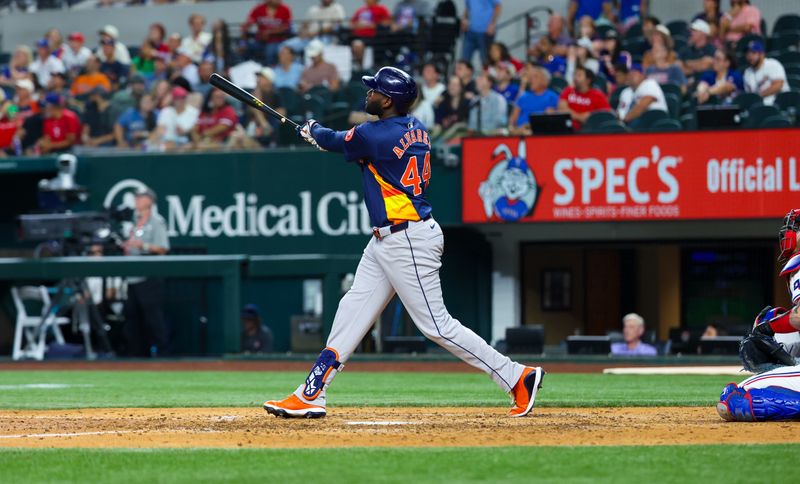 Aug 6, 2024; Arlington, Texas, USA; Houston Astros left fielder Yordan Alvarez (44) hits a two-run home run during the ninth inning against the Texas Rangers at Globe Life Field. Mandatory Credit: Kevin Jairaj-USA TODAY Sports