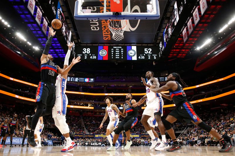 DETROIT, MI - NOVEMBER 30: Tobias Harris #12 of the Detroit Pistons shoots the ball during the game against the Philadelphia 76ers   during a regular season game on November 30, 2024 at Little Caesars Arena in Detroit, Michigan. NOTE TO USER: User expressly acknowledges and agrees that, by downloading and/or using this photograph, User is consenting to the terms and conditions of the Getty Images License Agreement. Mandatory Copyright Notice: Copyright 2024 NBAE (Photo by Brian Sevald/NBAE via Getty Images)