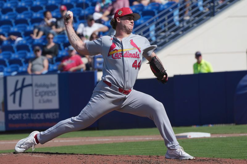 Feb 25, 2026; Port St. Lucie, Florida, USA;  St. Louis Cardinals pitcher Gordon Graceffo (44) pitches in the fourth inning against the New York Mets at Clover Park. Mandatory Credit: Jim Rassol-Imagn Images