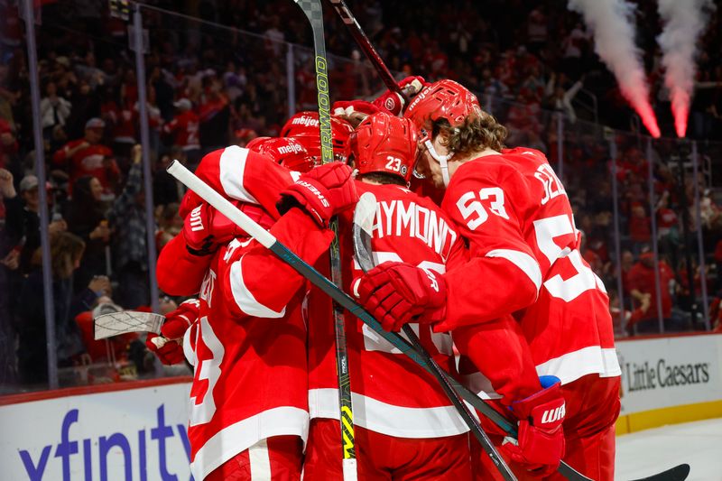 Nov 2, 2024; Detroit, Michigan, USA; The Detroit Red Wings celebrate a goal in the second period of the game against the Buffalo Sabres at Little Caesars Arena. Mandatory Credit: Brian Bradshaw Sevald-Imagn Images