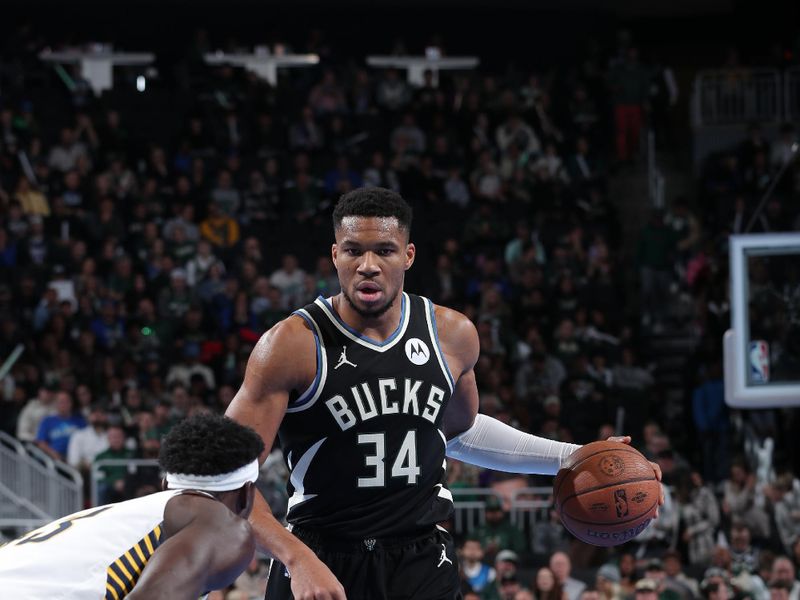 MILWAUKEE, WI - NOVEMBER 22:  Giannis Antetokounmpo #34 of the Milwaukee Bucks dribbles the ball during the game against the Indiana Pacers during a Emirates NBA Cup on November 22, 2024 at Fiserv Forum Center in Milwaukee, Wisconsin. NOTE TO USER: User expressly acknowledges and agrees that, by downloading and or using this Photograph, user is consenting to the terms and conditions of the Getty Images License Agreement. Mandatory Copyright Notice: Copyright 2024 NBAE (Photo by Gary Dineen/NBAE via Getty Images).