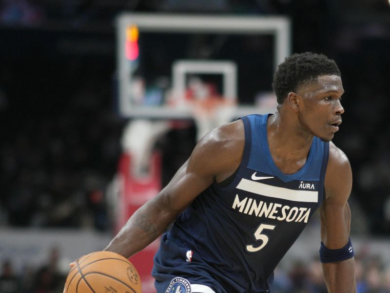 WASHINGTON, DC - JANUARY 24: Anthony Edwards #5 of the Minnesota Timberwolves dribbles the ball during the first half against the Washington Wizards at Capital One Arena on January 24, 2024 in Washington, DC. NOTE TO USER: User expressly acknowledges and agrees that, by downloading and or using this photograph, User is consenting to the terms and conditions of the Getty Images License Agreement. (Photo by Jess Rapfogel/Getty Images)