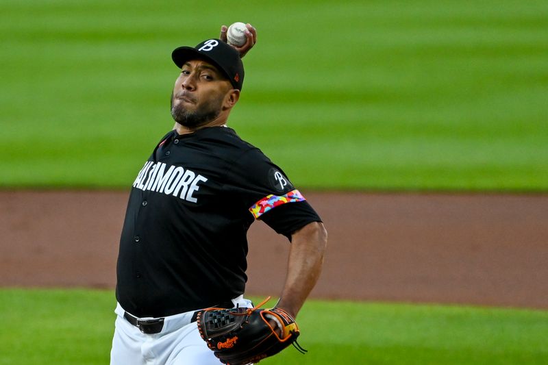 May 31, 2024; Baltimore, Maryland, USA;  Baltimore Orioles pitcher Albert Suárez (49) throws a first inning pitch against the Tampa Bay Rays at Oriole Park at Camden Yards. Mandatory Credit: Tommy Gilligan-USA TODAY Sports