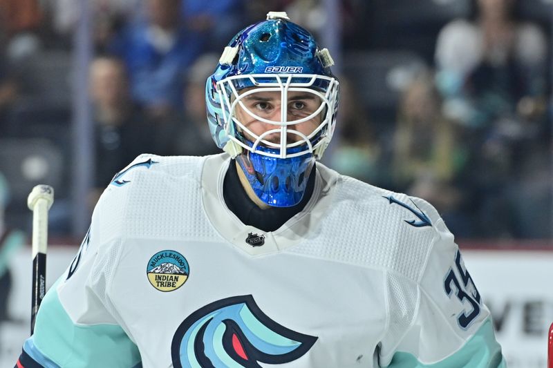 Nov 7, 2023; Tempe, Arizona, USA; Seattle Kraken goaltender Joey Daccord (35) looks on in the second period against the Arizona Coyotes at Mullett Arena. Mandatory Credit: Matt Kartozian-USA TODAY Sports