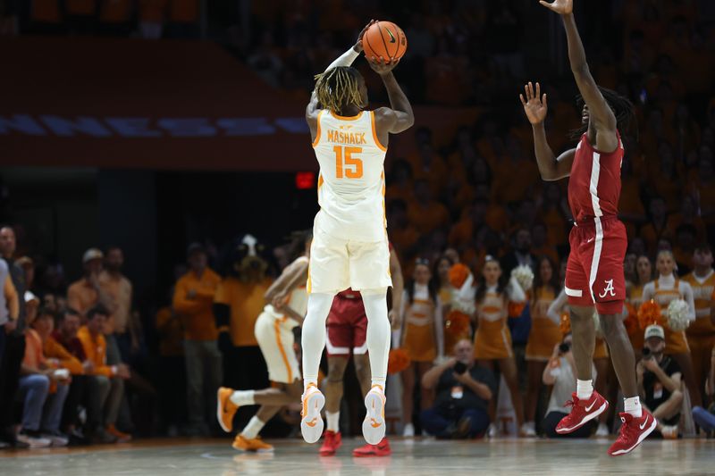 Mar 1, 2025; Knoxville, Tennessee, USA; Tennessee Volunteers guard Jahmai Mashack (15) shoots a game winning three pointer as time expires against the Alabama Crimson Tide at Thompson-Boling Arena at Food City Center. Mandatory Credit: Randy Sartin-Imagn Images