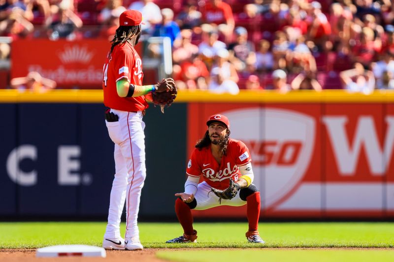 Sep 2, 2024; Cincinnati, Ohio, USA; Cincinnati Reds second baseman Jonathan India (6) reacts after a play with shortstop Elly De La Cruz (44) in the first inning against the Houston Astros at Great American Ball Park. Mandatory Credit: Katie Stratman-USA TODAY Sports