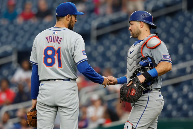 Jun 5, 2024; Washington, District of Columbia, USA; New York Mets pitcher Danny Young (81) celebrates with Mets catcher Luis Torrens (13) after the final out against the Washington Nationals at Nationals Park. Mandatory Credit: Geoff Burke-USA TODAY Sports