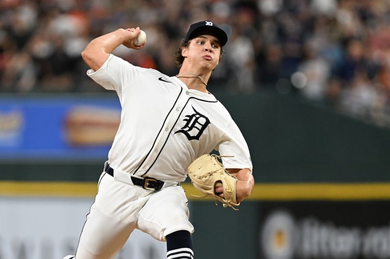 Sep 25, 2024; Detroit, Michigan, USA;  Detroit Tigers pitcher Jackson Jobe (21) throws a pitch against the Tampa Bay Rays in his major league debut in the ninth inning at Comerica Park. Mandatory Credit: Lon Horwedel-Imagn Images