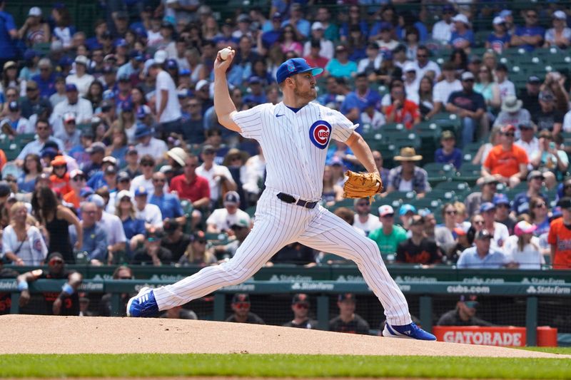 Jun 18, 2023; Chicago, Illinois, USA; Chicago Cubs starting pitcher Jameson Taillon (50) throws the ball against the Baltimore Orioles during the first inning at Wrigley Field. Mandatory Credit: David Banks-USA TODAY Sports