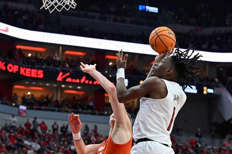 Feb 18, 2023; Louisville, Kentucky, USA;  Louisville Cardinals guard Mike James (1) shoots against Clemson Tigers forward Hunter Tyson (5) during the second half at KFC Yum! Center. Louisville defeated Clemson 83-73. Mandatory Credit: Jamie Rhodes-USA TODAY Sports