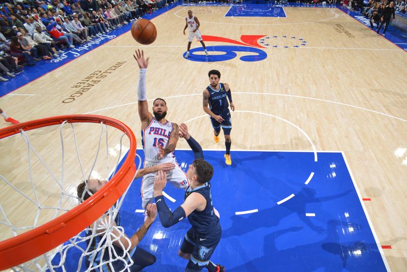 PHILADELPHIA, PA - NOVEMBER 2: Caleb Martin #16 of the Philadelphia 76ers shoots the ball during the game against the Memphis Grizzlies on November 2, 2024 at the Wells Fargo Center in Philadelphia, Pennsylvania NOTE TO USER: User expressly acknowledges and agrees that, by downloading and/or using this Photograph, user is consenting to the terms and conditions of the Getty Images License Agreement. Mandatory Copyright Notice: Copyright 2024 NBAE (Photo by Jesse D. Garrabrant/NBAE via Getty Images)