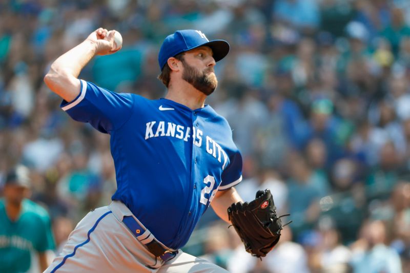 Aug 28, 2023; Seattle, Washington, USA; Kansas City Royals starting pitcher Jordan Lyles (24) throws against the Seattle Mariners during the first inning at T-Mobile Park. Mandatory Credit: Joe Nicholson-USA TODAY Sports