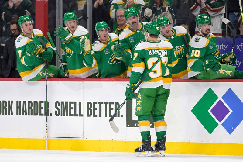 Nov 24, 2023; Saint Paul, Minnesota, USA; Minnesota Wild forward Kirill Kaprizov (97) celebrates his goal against the Colorado Avalanche during the second period at Xcel Energy Center. Mandatory Credit: Nick Wosika-USA TODAY Sports