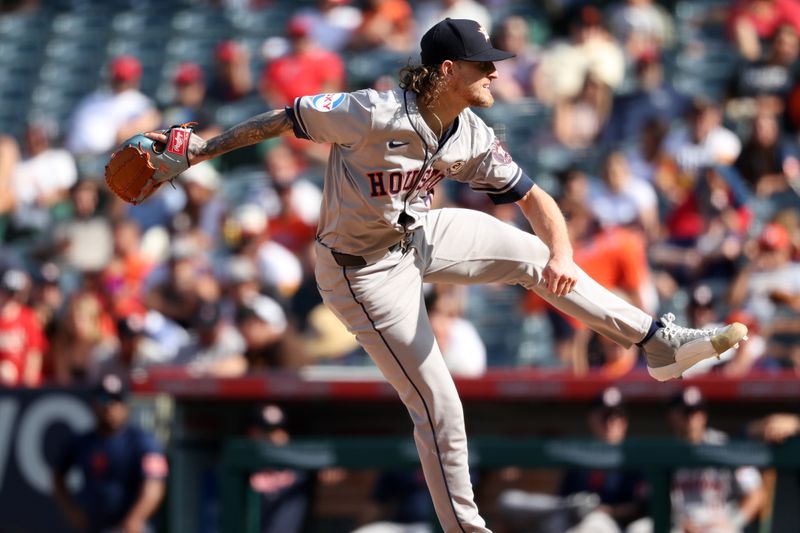 Sep 15, 2024; Anaheim, California, USA;  Houston Astros relief pitcher Josh Hader (71) pitches during the ninth inning against the Los Angeles Angels at Angel Stadium. Mandatory Credit: Kiyoshi Mio-Imagn Images
