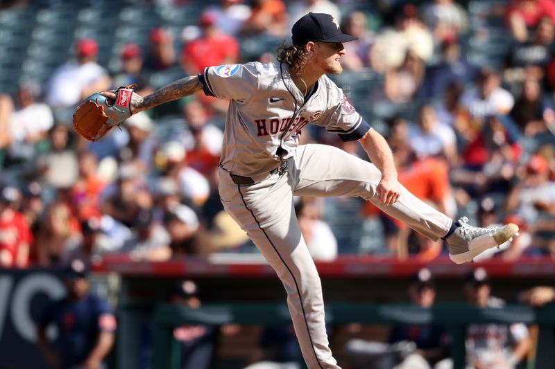 Sep 15, 2024; Anaheim, California, USA;  Houston Astros relief pitcher Josh Hader (71) pitches during the ninth inning against the Los Angeles Angels at Angel Stadium. Mandatory Credit: Kiyoshi Mio-Imagn Images