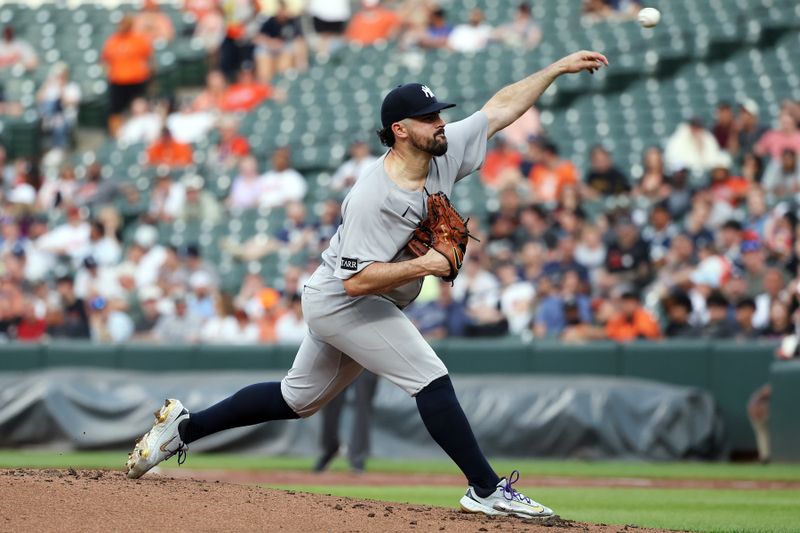 Apr 29, 2025; Baltimore, Maryland, USA; New York Yankees pitcher Carlos Rodón (55) throws during the first inning against the Baltimore Orioles at Oriole Park at Camden Yards. Mandatory Credit: Daniel Kucin Jr.-Imagn Images