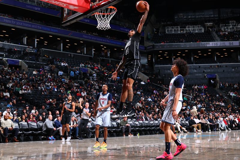 NEW YORK, NY - FEBRUARY 5: Keon Johnson #45 of the Brooklyn Nets drives to the basket during the game against the Washington Wizards on February 5, 2025 at Madison Square Garden in New York City, New York.  NOTE TO USER: User expressly acknowledges and agrees that, by downloading and or using this photograph, User is consenting to the terms and conditions of the Getty Images License Agreement. Mandatory Copyright Notice: Copyright 2025 NBAE  (Photo by David L. Nemec/NBAE via Getty Images)